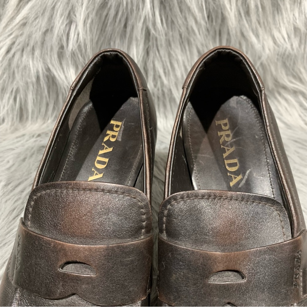 Prada Men's 2DC213 Brown Brushed Spazzolato Leather Penny Loafer Business Shoes - Picture 4 of 12